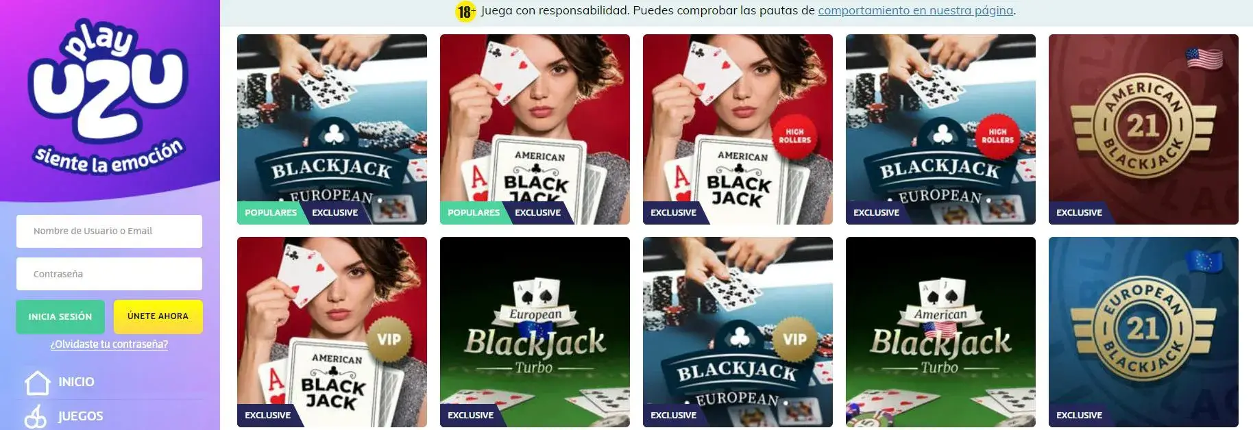 Juegos de blackjack en el casino en línea PlayUZU Casino en línea PlayUZU